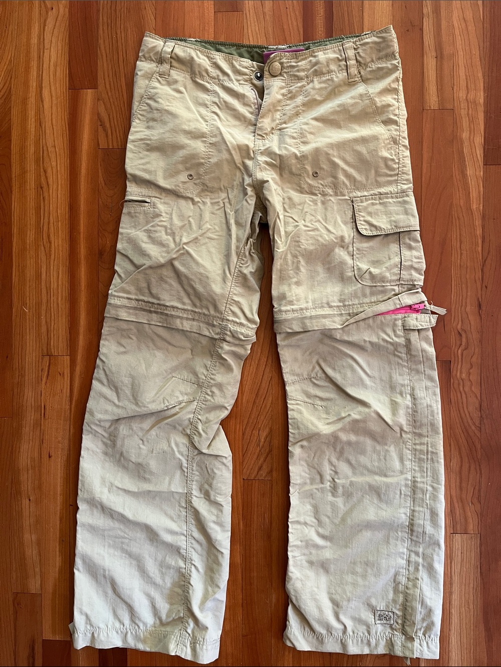 REI Kids Convertible Cargo Pants in Khaki with Pink Accent